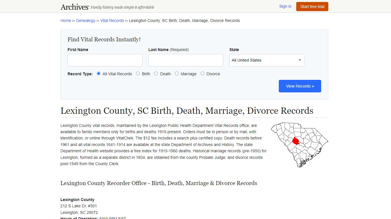 Lexington County, SC Birth, Death, Marriage, Divorce Records - Archives.com